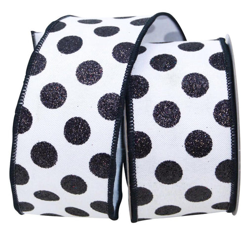 2.5" Black Glitter Polka Dots on White Wired Ribbon – 10 Yards | Farrisilk White and Black Ribbon for Wreaths, Bows, Gifts & Holiday Crafts
