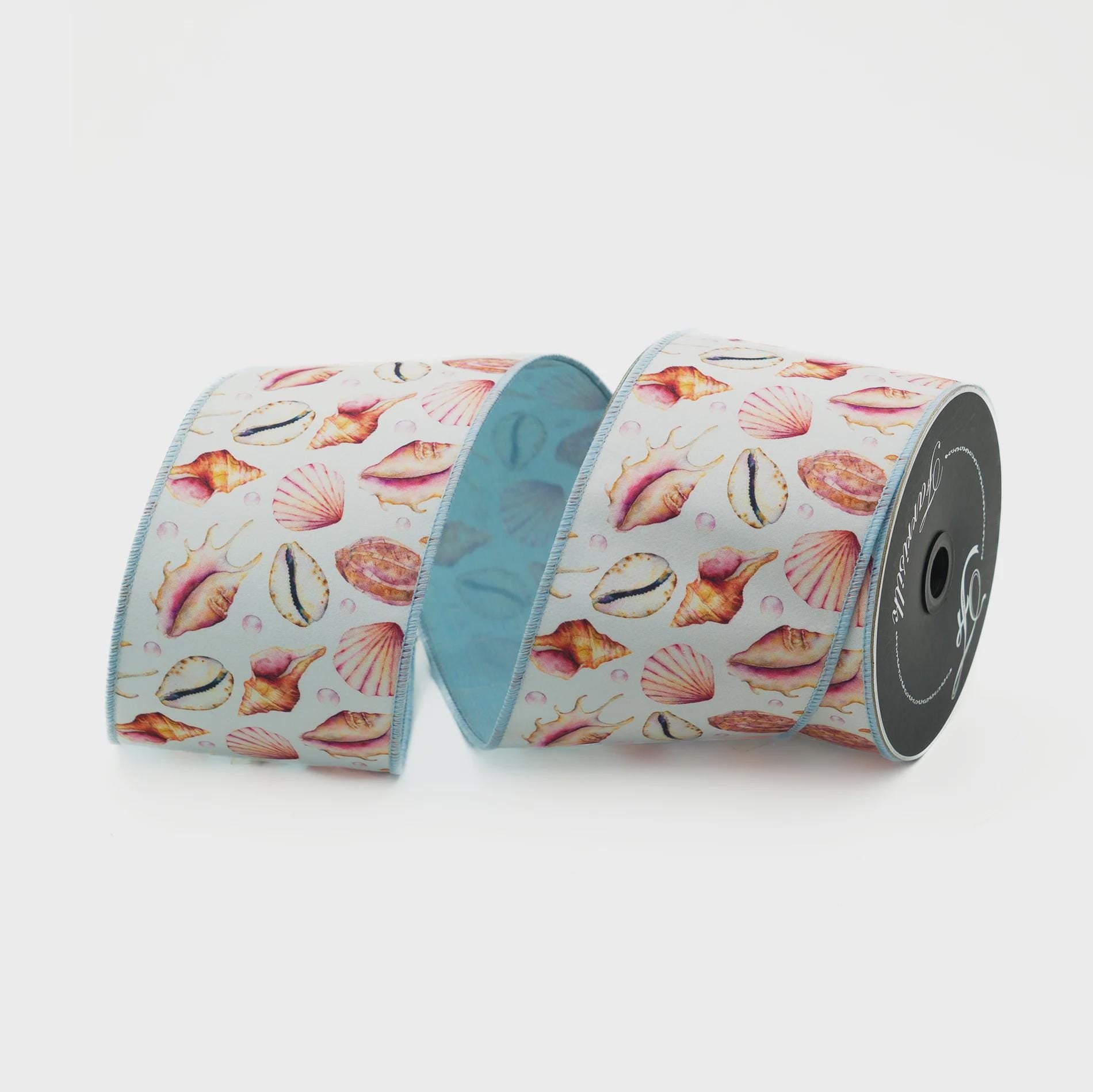 Farrisilk 4" Seashell Ribbon – Wired Summer Beach Ribbon 10 Yards, Coastal Decor, Luxury Ribbon, Designer Blue Ribbon, Ocean Inspired Wreath