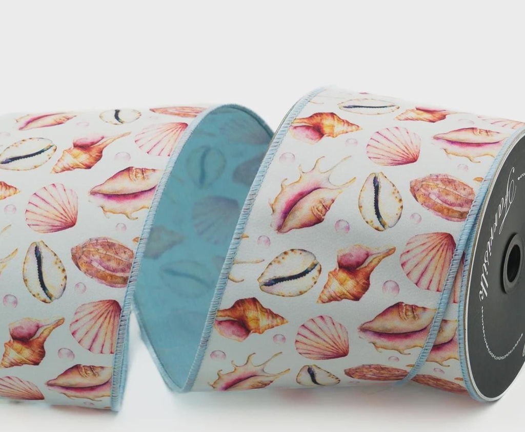Farrisilk 4" Seashell Ribbon – Wired Summer Beach Ribbon 10 Yards, Coastal Decor, Luxury Ribbon, Designer Blue Ribbon, Ocean Inspired Wreath