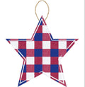 Patriotic Wood Star Sign – 12"x11.75" Red White & Blue Checkered Hanging Sign for Wreaths, Door Decor, 4th of July, Summer Crafts