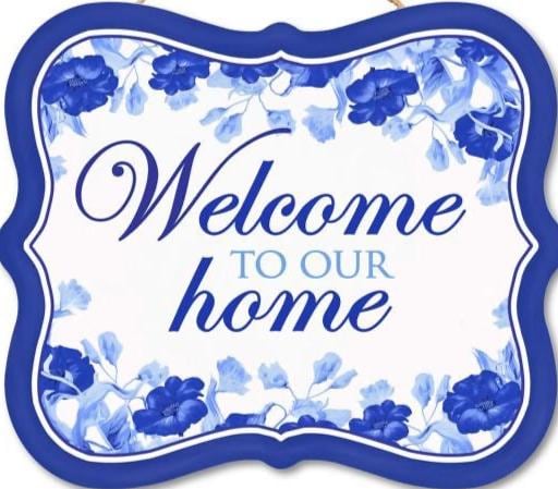 Welcome to Our Home Sign – 10.5"x9" Blue Floral Hanging Sign for Wreaths, Door Decor, Entryway Accents & Everyday Home Displays