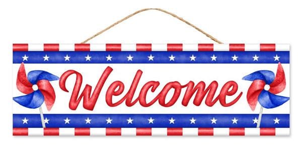 Patriotic Welcome Sign – 15"x5" Americana Red White Blue Pinwheel Door Sign for Wreaths, 4th of July Decor, Porch Displays & Crafts