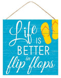 Life Is Better in Flip Flops Sign – 10"x10" Beachy Summer Wood Sign with Yellow Sandals for Wreaths, Wall Decor & Coastal Crafts