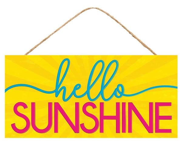 Hello Sunshine Wood Sign – 12.5"x6" Bright Yellow Summer Sign with Pink & Blue Text for Wreaths, Porch Decor, Wall Accents - Gifts