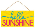 Hello Sunshine Wood Sign – 12.5"x6" Bright Yellow Summer Sign with Pink & Blue Text for Wreaths, Porch Decor, Wall Accents - Gifts