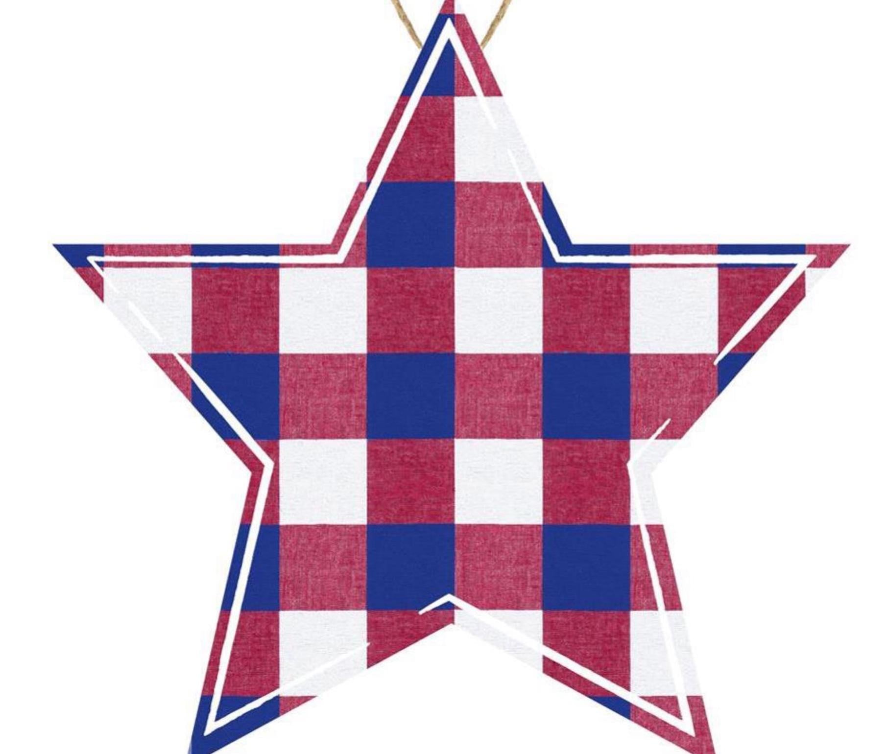 Patriotic Wood Star Sign – 12"x11.75" Red White & Blue Checkered Hanging Sign for Wreaths, Door Decor, 4th of July, Summer Crafts