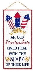 Old Firecracker Patriotic Sign – 12.5"x6" Glitter Wood Sign with Rockets for 4th of July Wreaths, Porch Decor, Summer Crafts & Gifts