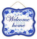 Welcome to Our Home Sign – 10.5"x9" Blue Floral Hanging Sign for Wreaths, Door Decor, Entryway Accents & Everyday Home Displays
