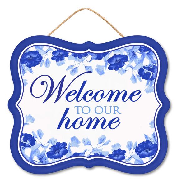 Welcome to Our Home Sign – 10.5"x9" Blue Floral Hanging Sign for Wreaths, Door Decor, Entryway Accents & Everyday Home Displays