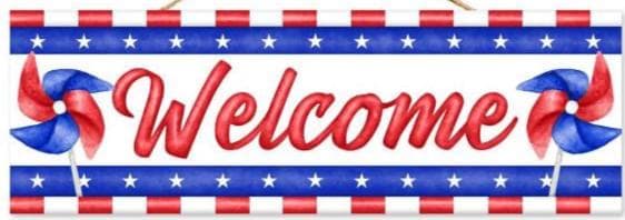 Patriotic Welcome Sign – 15"x5" Americana Red White Blue Pinwheel Door Sign for Wreaths, 4th of July Decor, Porch Displays & Crafts