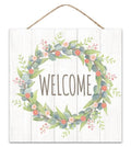Welcome Wreath Sign – 10"x10" Floral Greenery Wood Sign with Jute Hanger for Wreaths, Front Doors, Entryway Decor & Everyday Home Accents