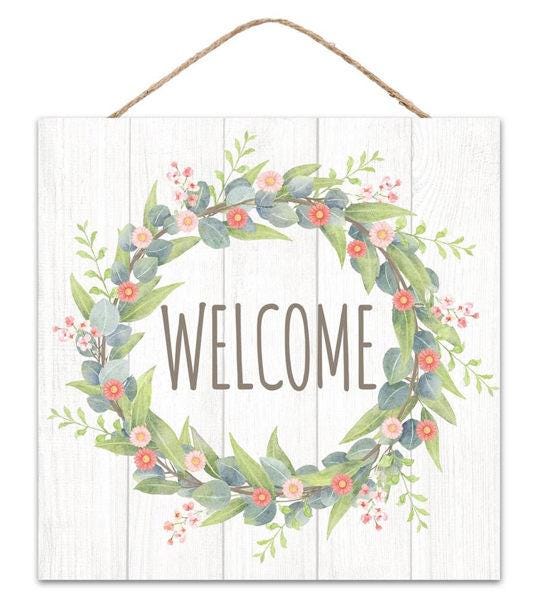 Welcome Wreath Sign – 10"x10" Floral Greenery Wood Sign with Jute Hanger for Wreaths, Front Doors, Entryway Decor & Everyday Home Accents