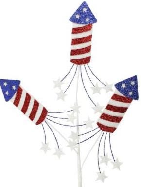Firecracker Pick with Stars – 25" Patriotic Glitter Rocket Stem with 3 Fireworks for 4th of July Wreaths, Centerpieces & Holiday Decor