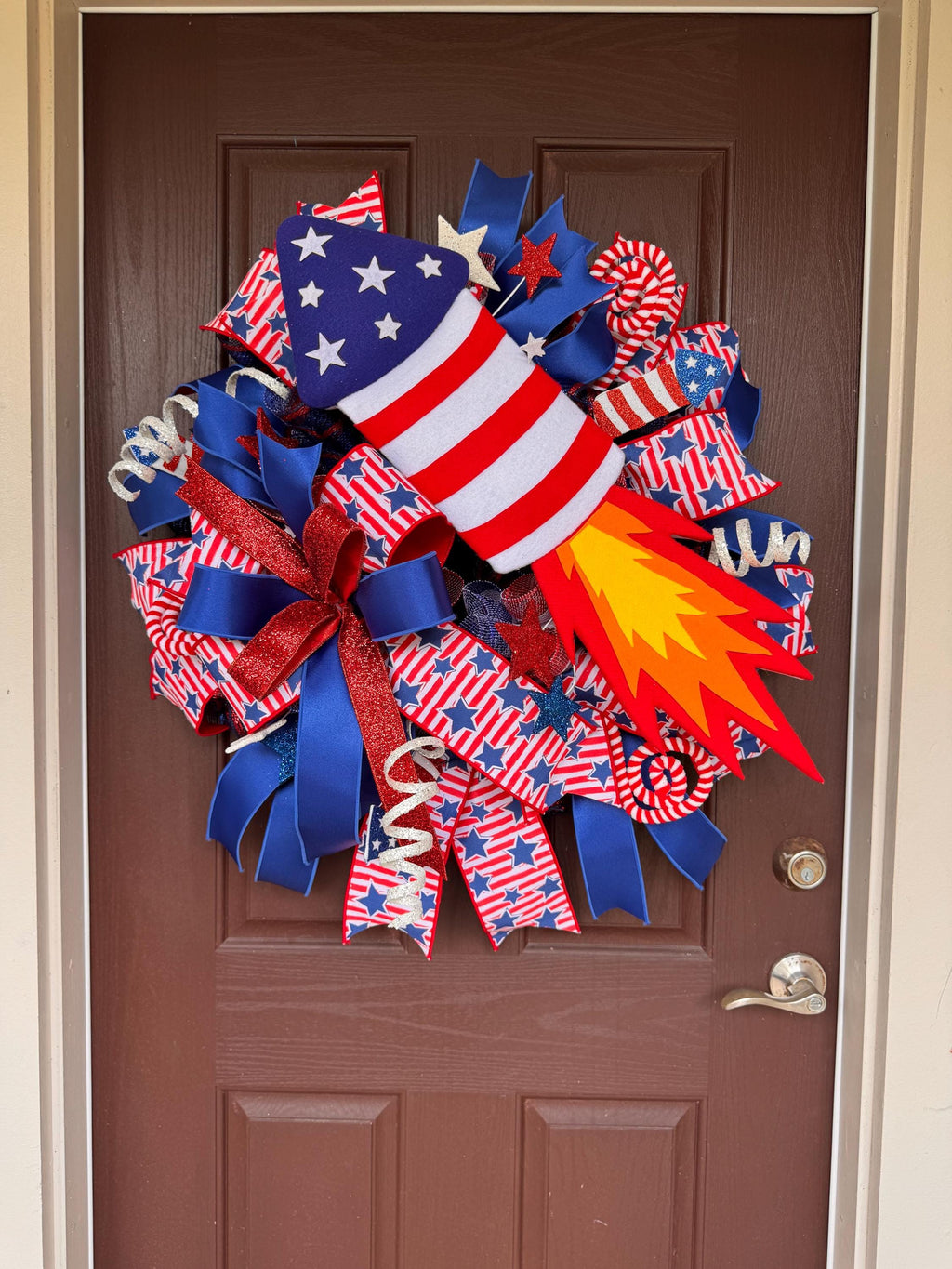 Large Patriotic 4th of July Rocket Wreath, Red White and Blue Door Decor, Independence Day Fireworks Wreath, Americana Front Door Decoration