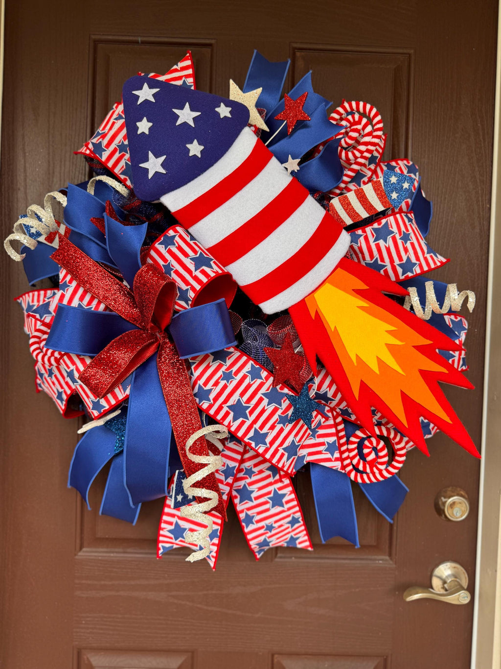 Large Patriotic 4th of July Rocket Wreath, Red White and Blue Door Decor, Independence Day Fireworks Wreath, Americana Front Door Decoration