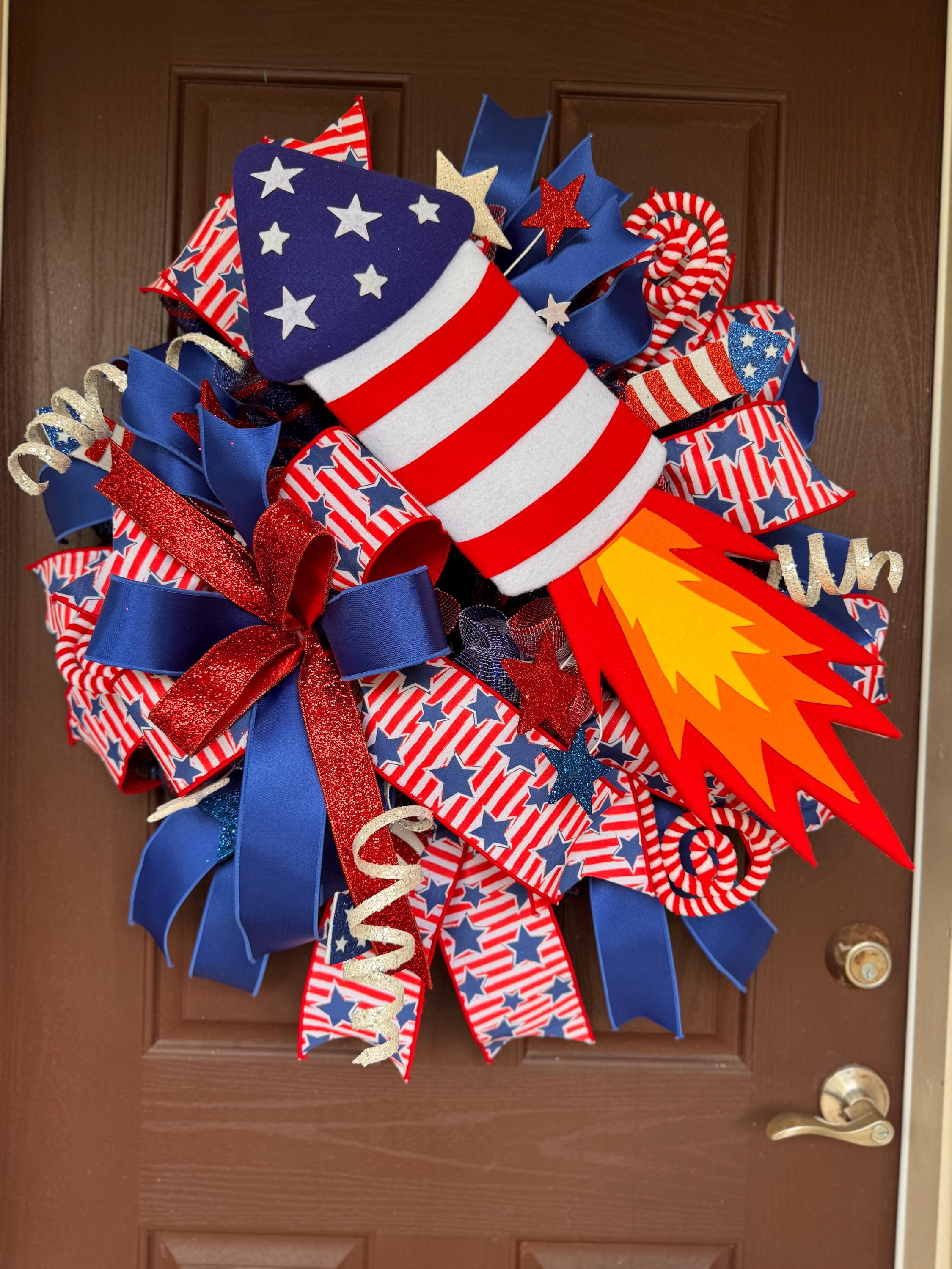 Large Patriotic 4th of July Rocket Wreath, Red White and Blue Door Decor, Independence Day Fireworks Wreath, Americana Front Door Decoration