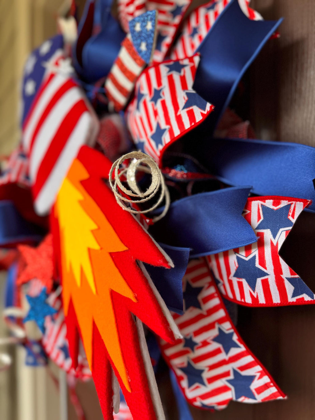 Large Patriotic 4th of July Rocket Wreath, Red White and Blue Door Decor, Independence Day Fireworks Wreath, Americana Front Door Decoration