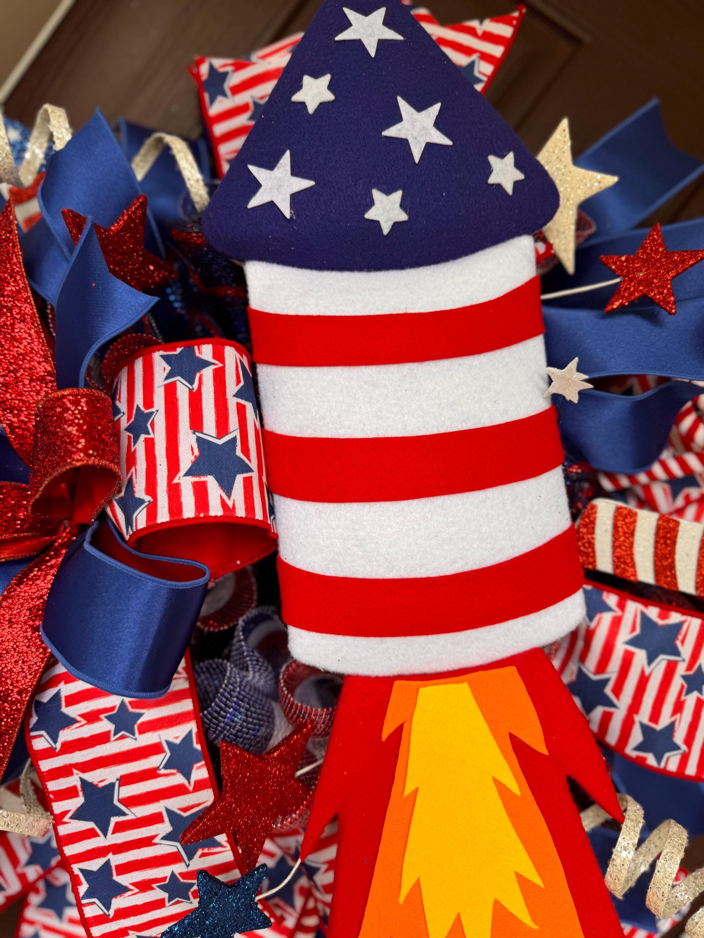 Large Patriotic 4th of July Rocket Wreath, Red White and Blue Door Decor, Independence Day Fireworks Wreath, Americana Front Door Decoration