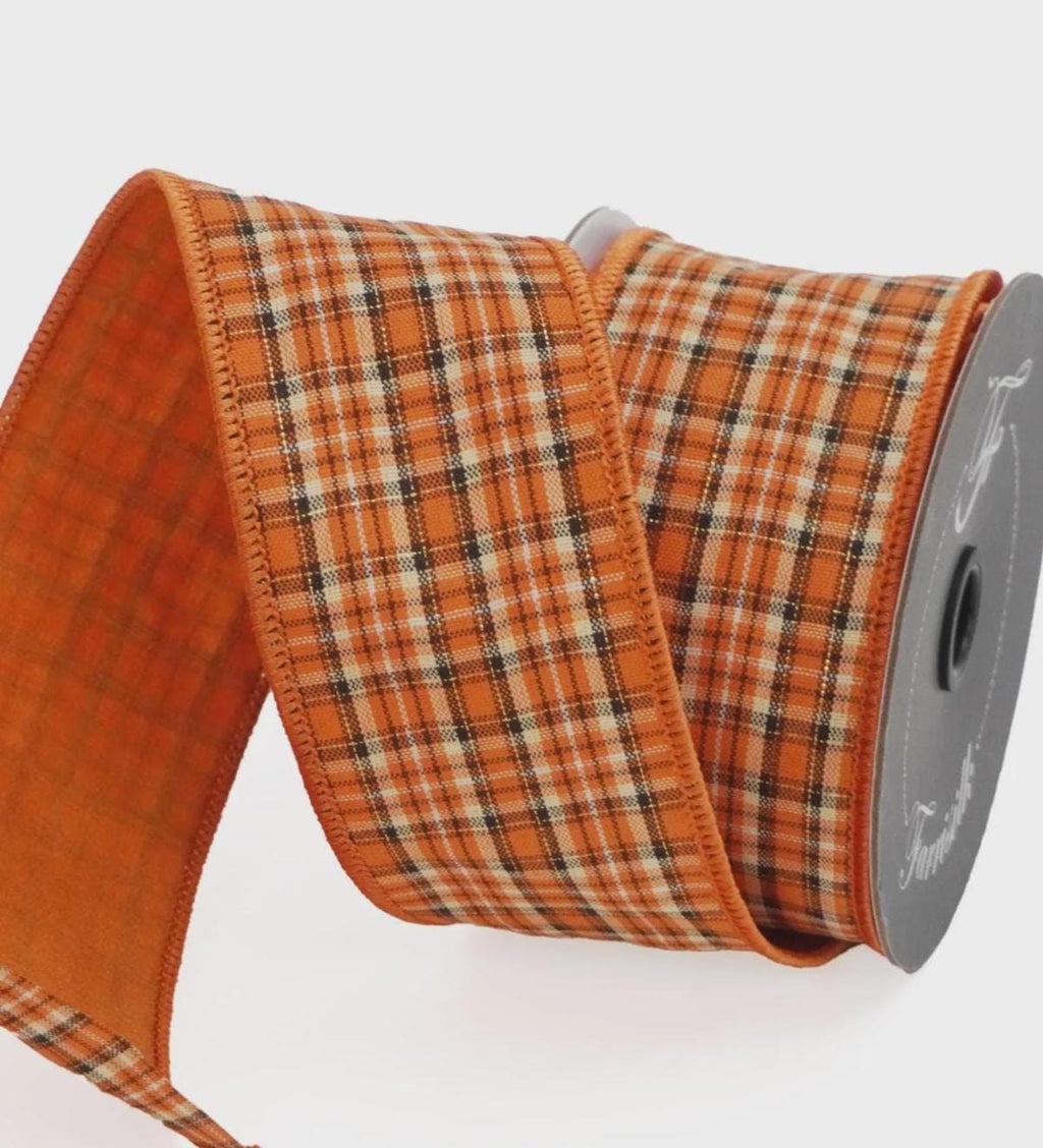 Farrisilk Halloween Plaid Wired Ribbon – 2.5" x 10 Yards, Orange Plaid Ribbon Roll, Fall Decor, Halloween Wreath Bow Ribbon, Craft Supply