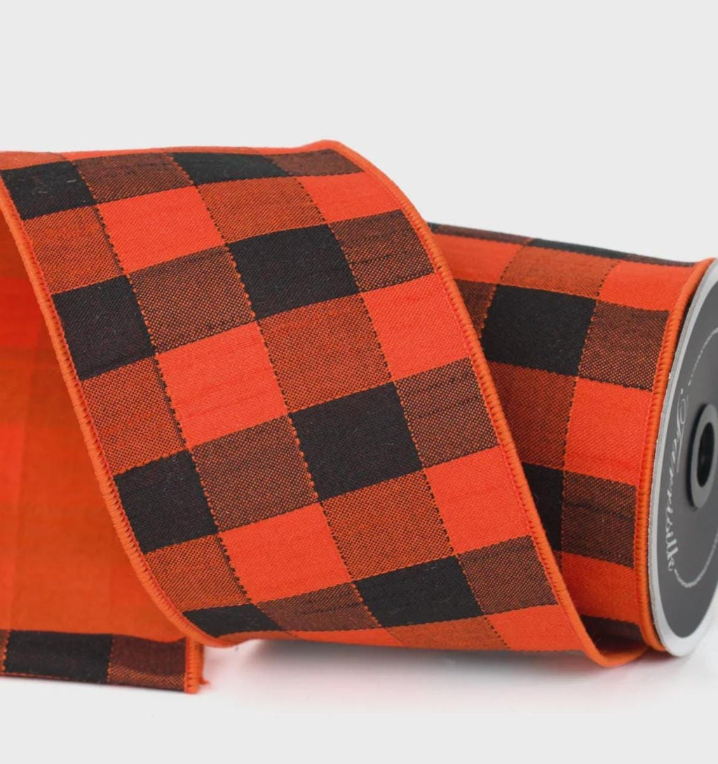 Farrisilk 4" x 10 Yards Orange Buffalo Plaid Wired Ribbon – Extra Wide Fall Farmhouse Bow Ribbon, Halloween Wreath Decor, Fall Craft Supply