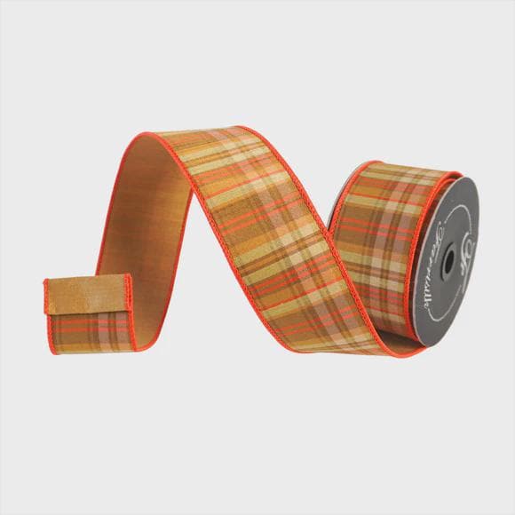 Farrisilk 2.5" x 10 Yards Fall Plaid Wired Ribbon – Autumn Orange Tan Plaid Bow Ribbon, Thanksgiving Wreath Decor, Farmhouse Craft Supply