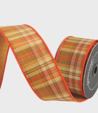 Farrisilk 2.5" x 10 Yards Fall Plaid Wired Ribbon – Autumn Orange Tan Plaid Bow Ribbon, Thanksgiving Wreath Decor, Farmhouse Craft Supply