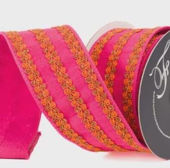 Farrisilk 2.5" x 10 Yards Pink & Orange Wired Ribbon – Luxury Embroidered Ribbon, Bold Craft Bow Ribbon, Wedding Decor, Gift Wrapping