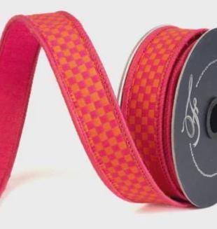 Farrisilk 1" x 10 Yards Orange and Pink Checkered Wired Ribbon – Bright Craft Ribbon, Gift Wrapping Bow, Wedding and Party Decor