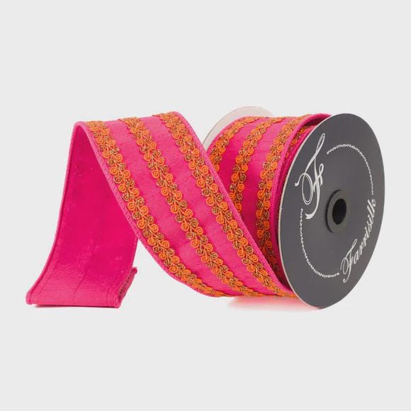 Farrisilk 2.5" x 10 Yards Pink & Orange Wired Ribbon – Luxury Embroidered Ribbon, Bold Craft Bow Ribbon, Wedding Decor, Gift Wrapping
