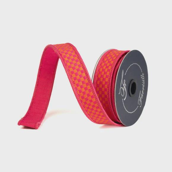 Farrisilk 1" x 10 Yards Orange and Pink Checkered Wired Ribbon – Bright Craft Ribbon, Gift Wrapping Bow, Wedding and Party Decor