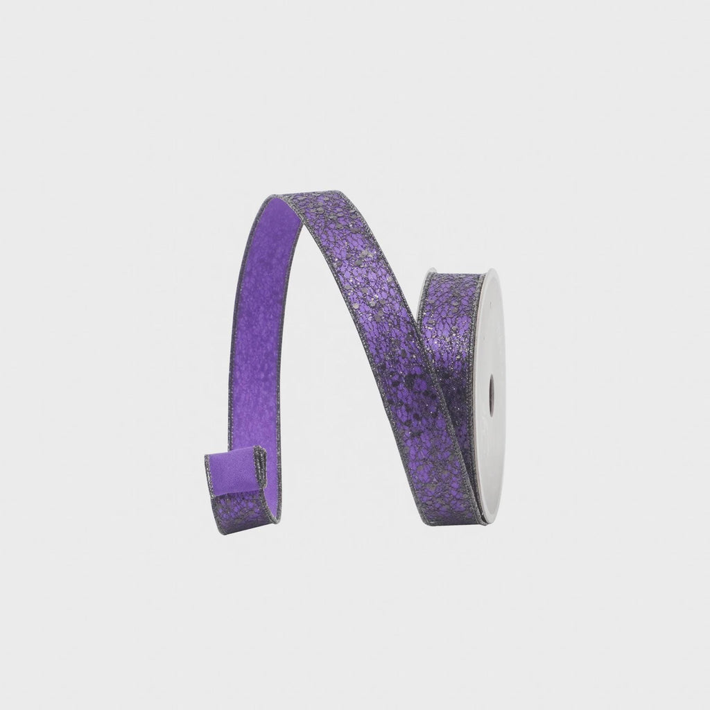 Farrisilk Purple Glitter Crackle Ribbon – 1" x 10 Yards Wired | Halloween Ribbon, Spooky Decor, Witchy Crafts, Gothic Gift Wrapping