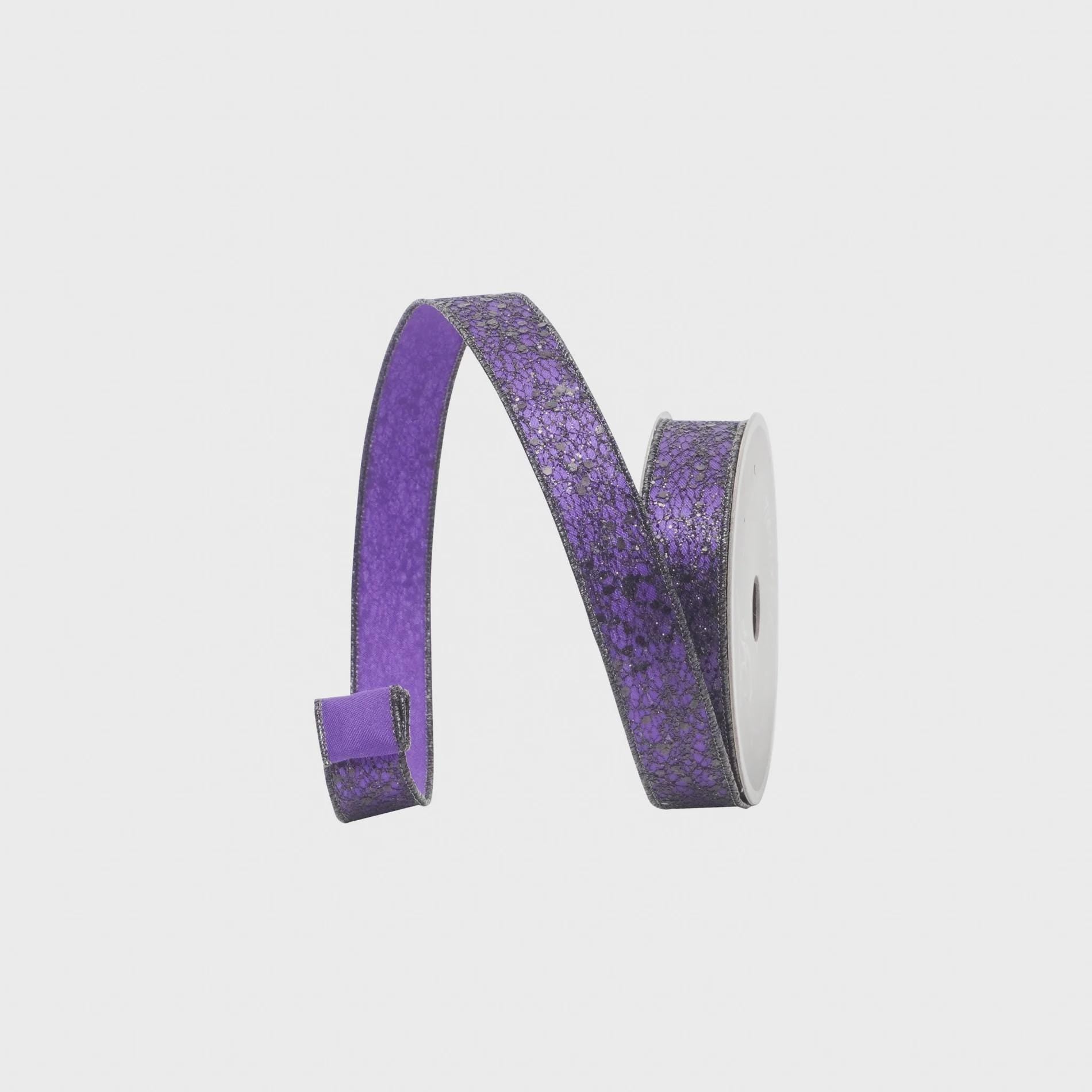 Farrisilk Purple Glitter Crackle Ribbon – 1" x 10 Yards Wired | Halloween Ribbon, Spooky Decor, Witchy Crafts, Gothic Gift Wrapping