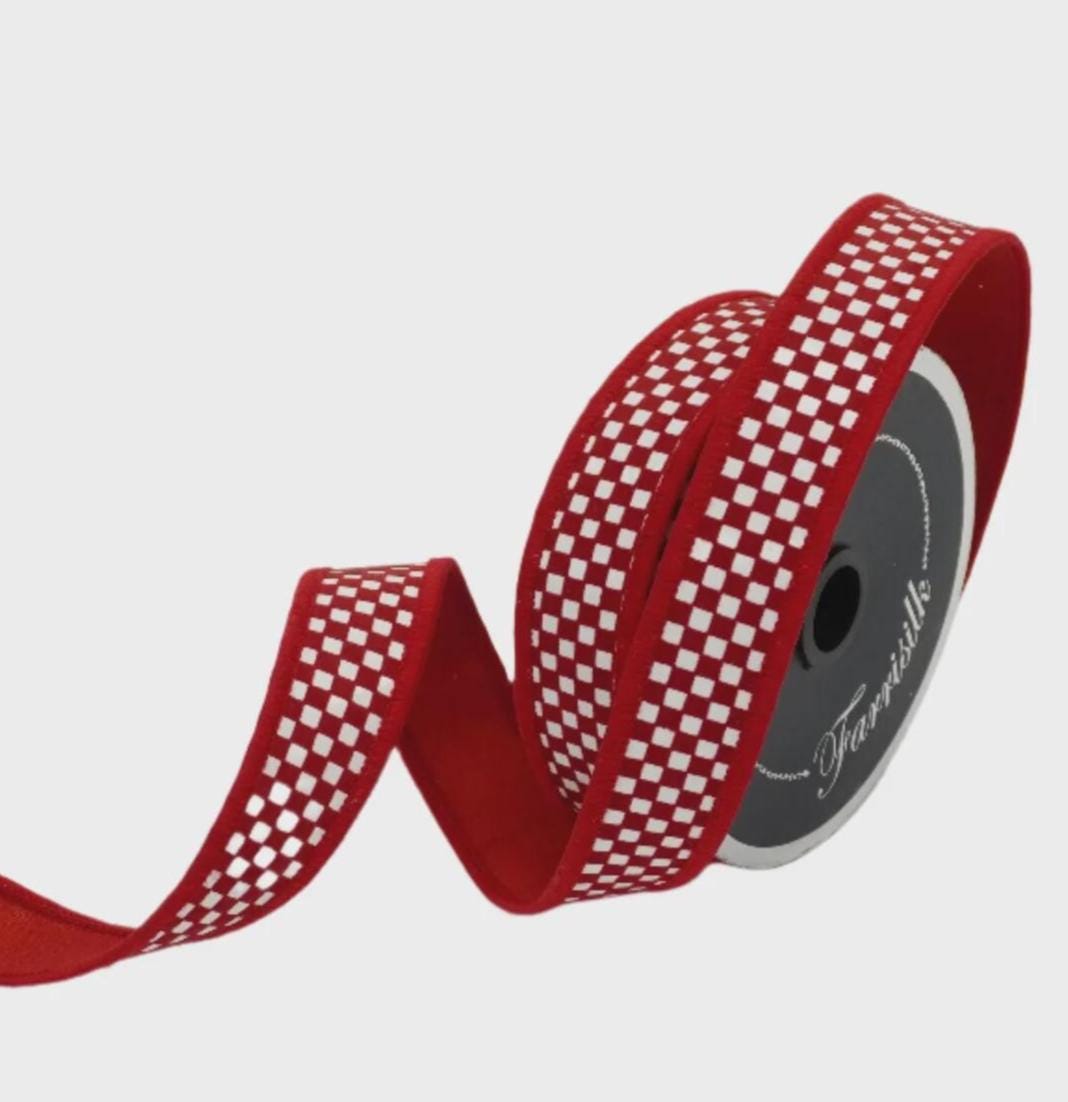Farrisilk Red & White Mini Check Ribbon, 1" x 10 Yards Wired, Farrisilk Gingham Ribbon for Christmas, Valentine’s Day, Bows, Farmhouse Decor