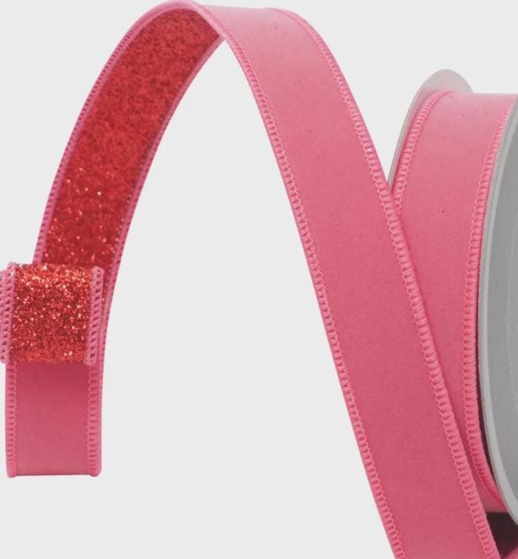 Farrisilk Pink and Red Fusion Ribbon – 1" x 10 Yards Wired, Reversible Velvet & Glitter Ribbon for Crafts, Bows, Decor, Holidays, Christmas
