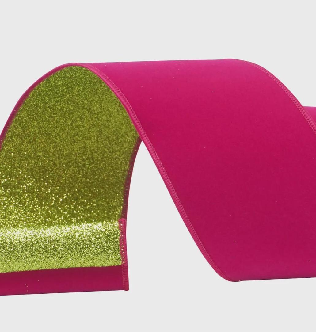 Farrisilk Hot Pink Velvet Ribbon - Lime Glitter Back, 4" x 10 Yards, Wired Designer Ribbon, Wreaths, Bows, Holiday Decor, Bright Christmas