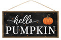 12.5”L x 6”H “Hello Pumpkin” Sign framed in warm natural wood.