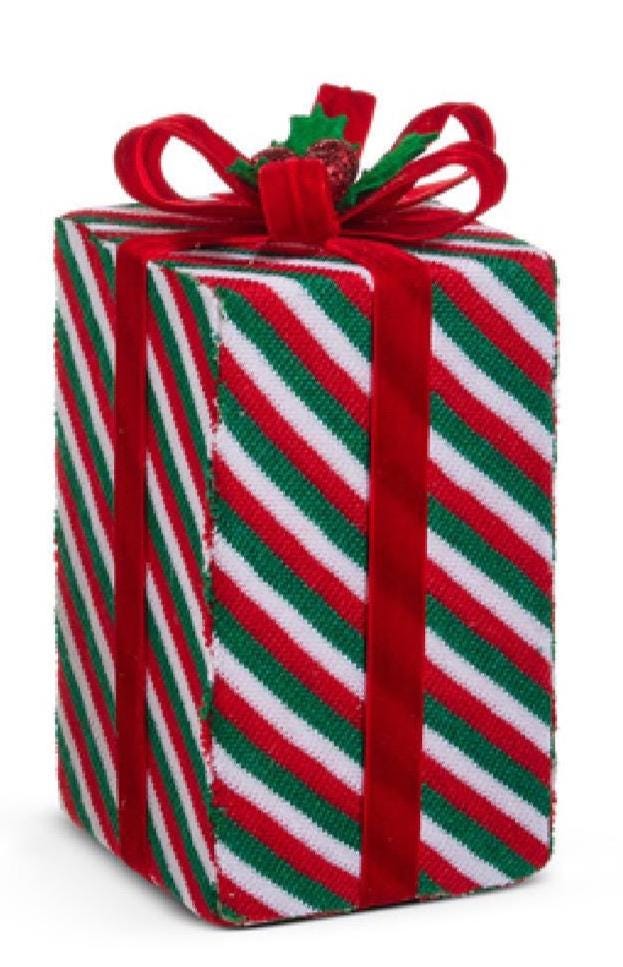 9.5" Red and Green Striped Package - Measures 4.75"L X 4.75"W X 9.5"H