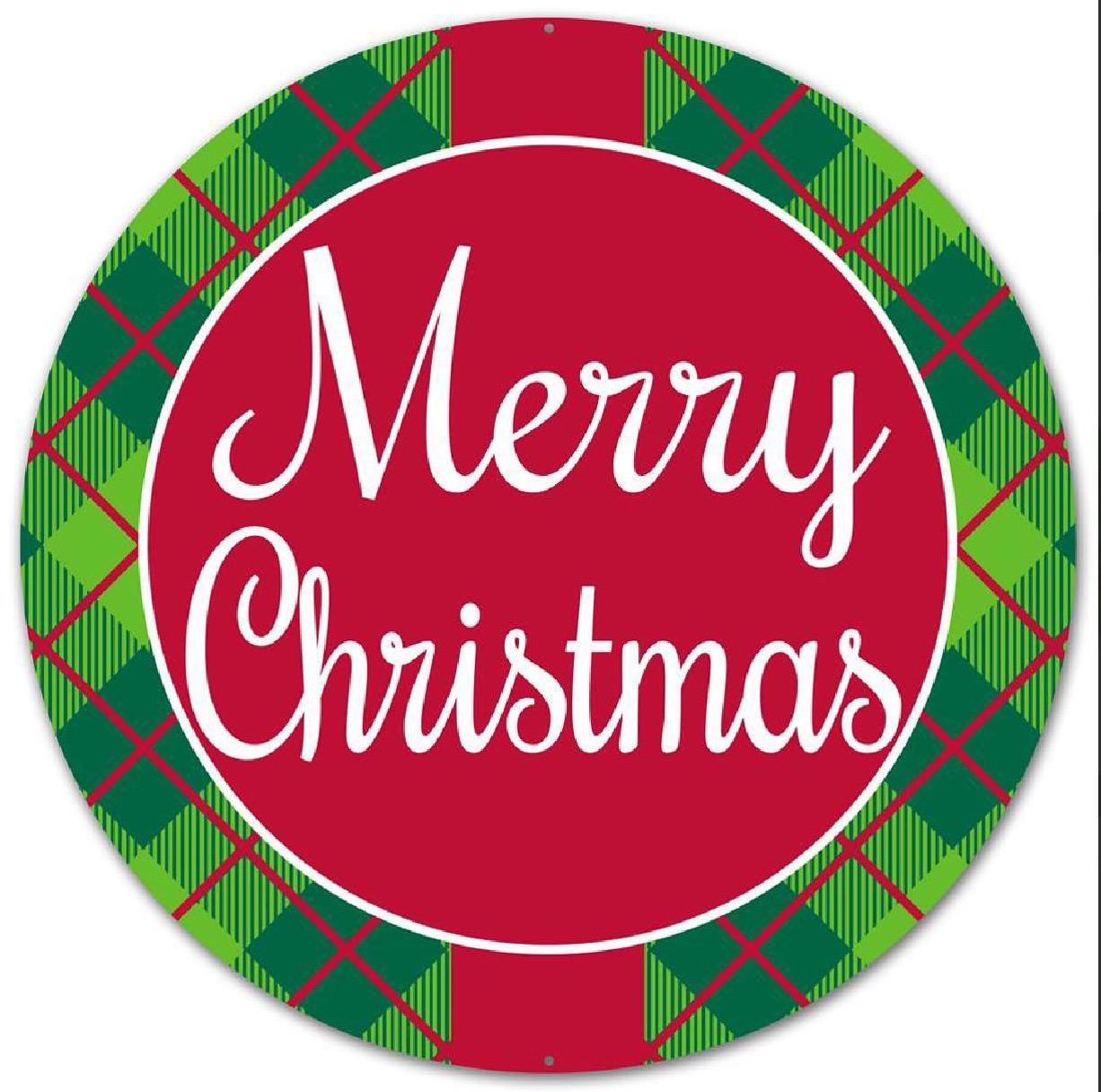 Metal “Merry Christmas” Sign – 12” Round Holiday Wall Decor, Farmhouse Christmas Door Sign, Rustic Holiday Mantel Decoration