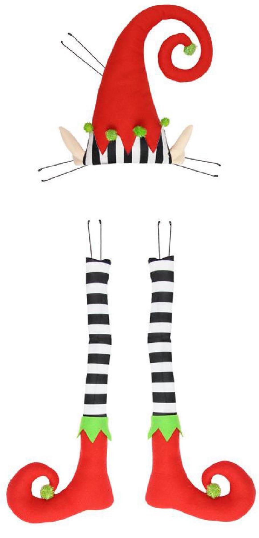 Polka Dot & Stripe Red Elf Decor Kit – 3 Pc 30” Tall Christmas Elf Figures, Whimsical Red Holiday Decoration, Festive Mantel or Entryway