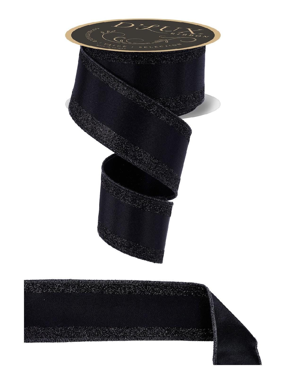 Vertical Black Glitter Stripe Ribbon – 2.5” x 10 Yard Wired Edge Ribbon for Wreaths, Gift Wrapping, Holiday Crafts, Glam Event Decoration