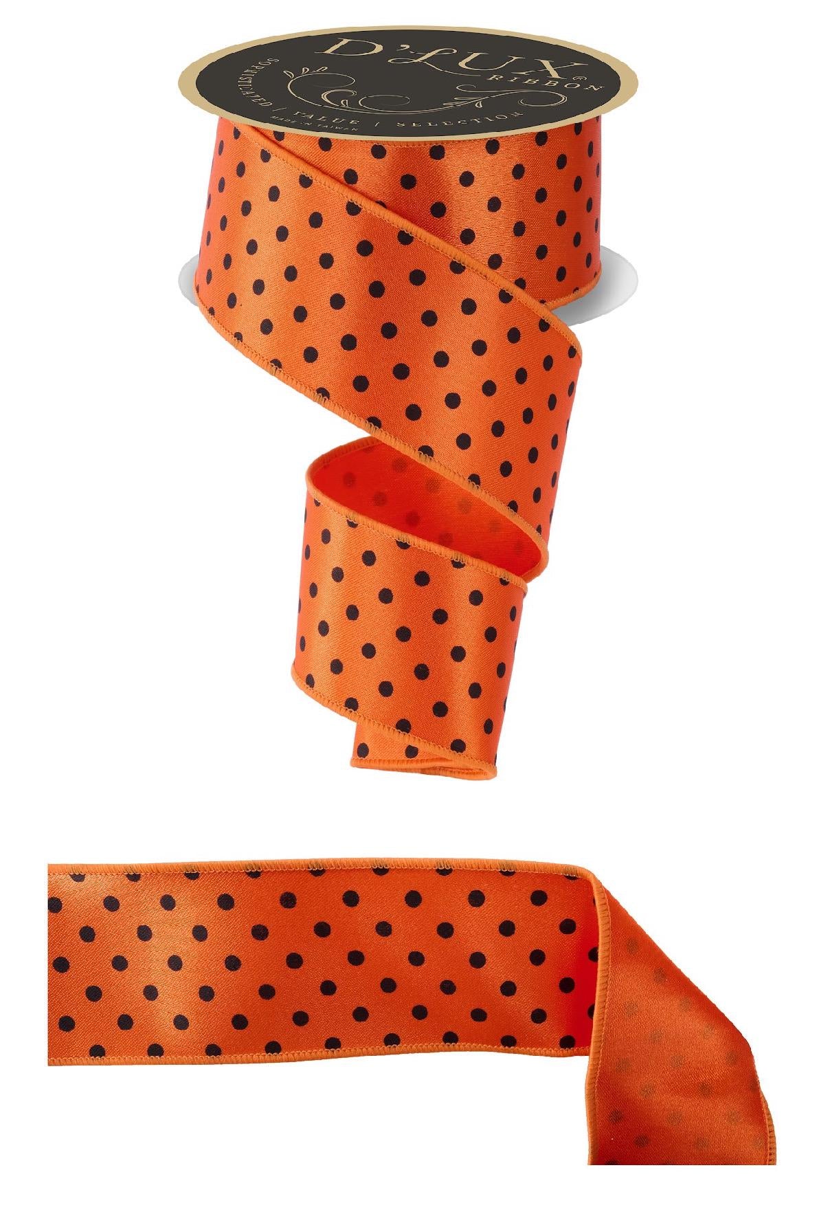 Small Black Polka Dot Orange Ribbon – 2.5” x 10 Yard Fused Edge Ribbon for Wreaths, Gift Wrapping, Halloween Crafts, Party Décor.
