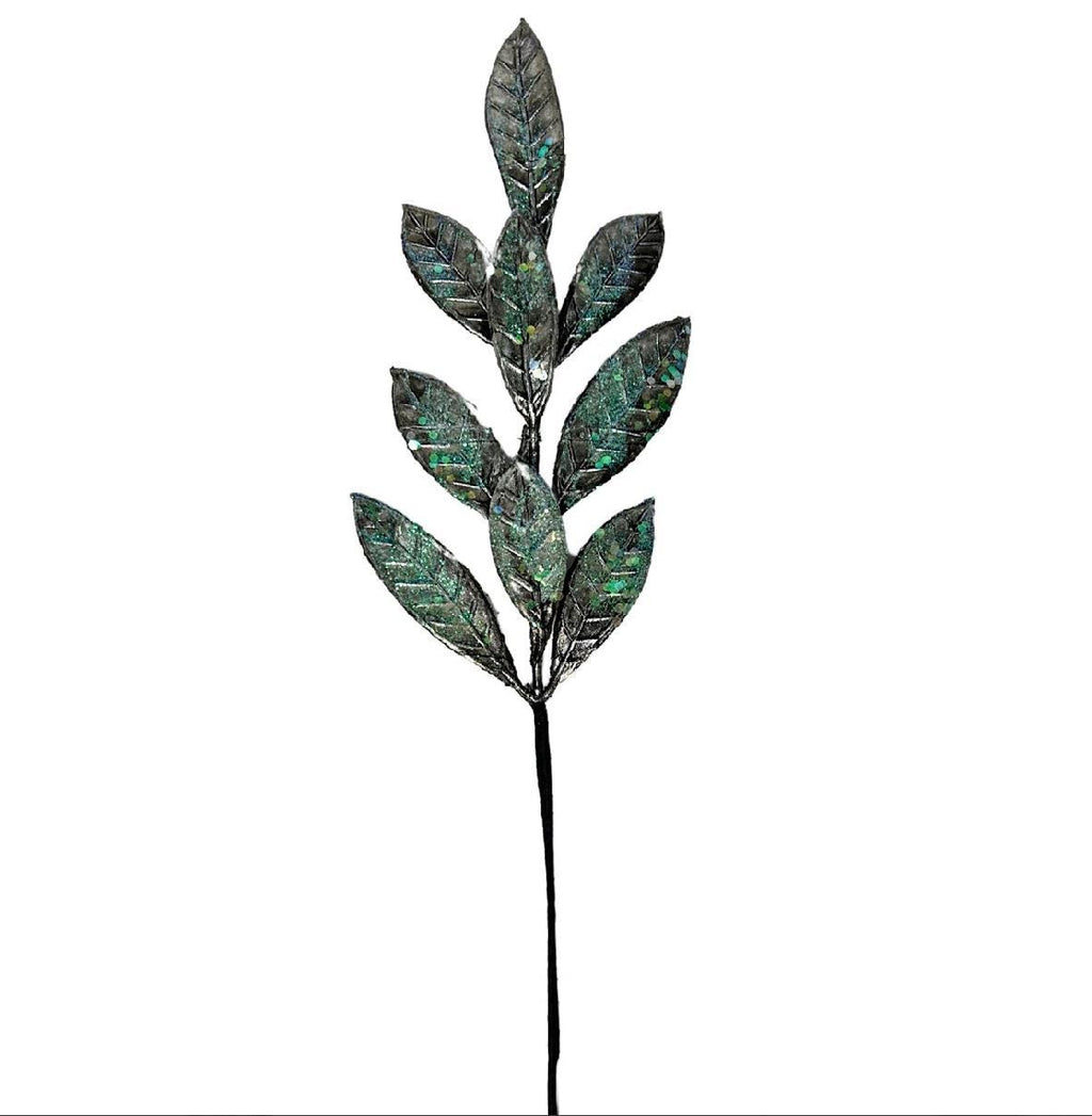 Metallic Bay Leaf Pick – 14.5” Black Iridescent Glitter Stem – Glam Christmas Floral Arrangement, Holiday Centerpiece & Tree Accent
