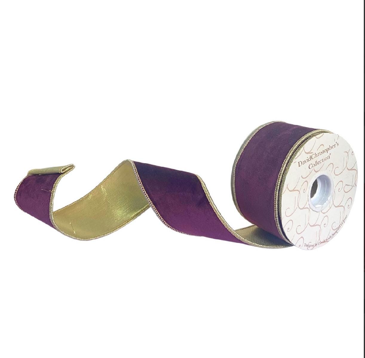 Purple Velvet Ribbon with Platinum Lame Back Edge – 2.5” x 10 Yards Wired Ribbon for Holiday Decor, Wreaths, Bows, Gift Wrapping & Crafts