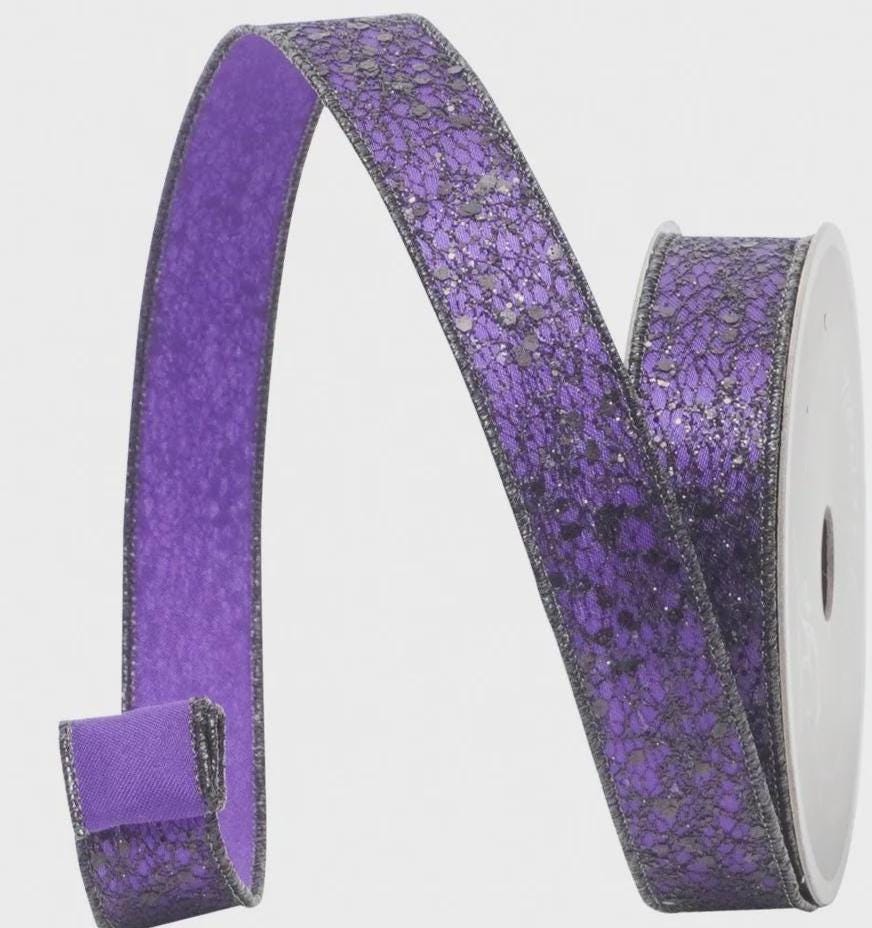 Farrisilk Purple Glitter Crackle Ribbon – 1" x 10 Yards Wired | Halloween Ribbon, Spooky Decor, Witchy Crafts, Gothic Gift Wrapping