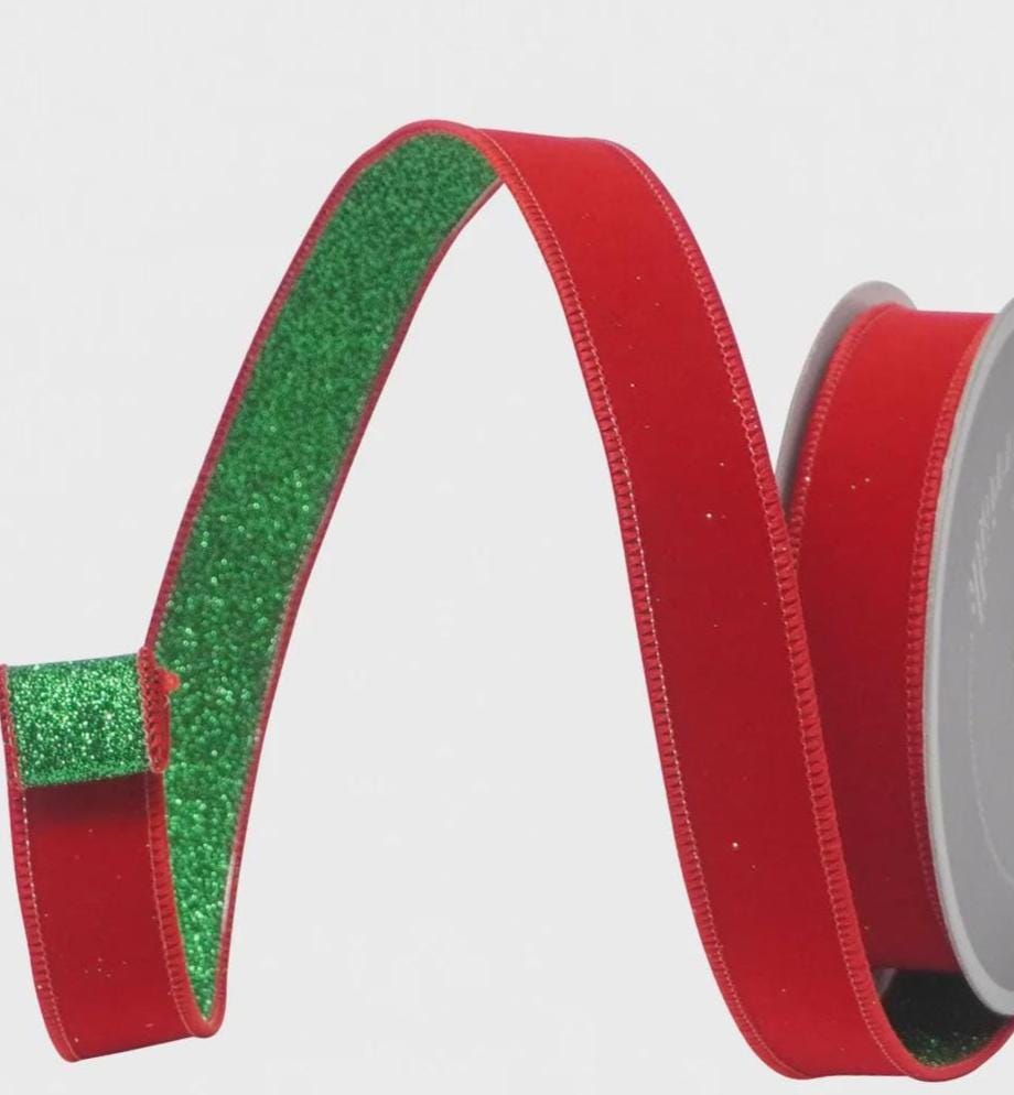 Farrisilk Red & Green Fusion Ribbon – 1" x 10 Yards Wired Farrisilk, Christmas Velvet Glitter Ribbon for Bows, Gift Wrap, Decor, Crafts