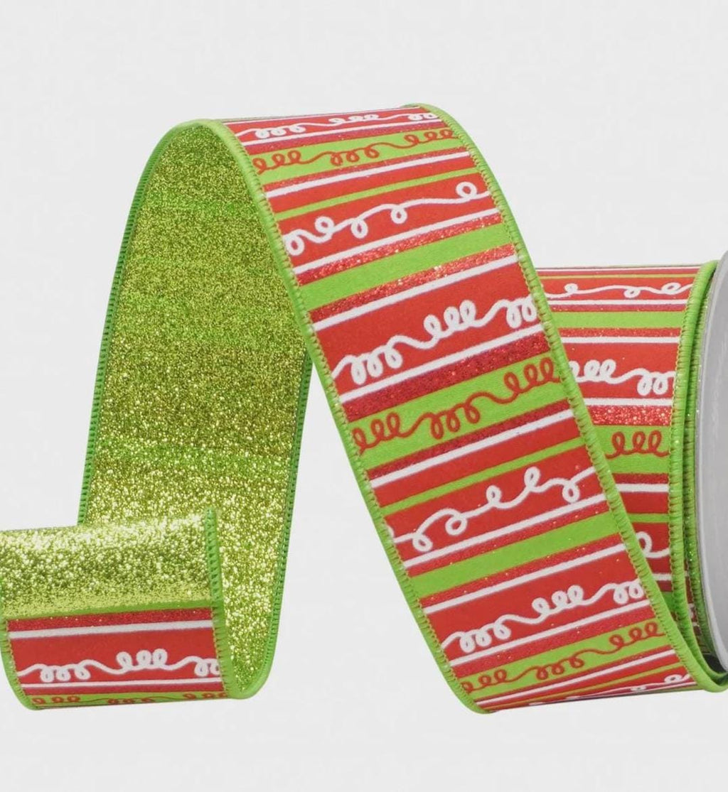 Lime Green & Red Squiggle Christmas Ribbon 2.5" x 10 Yards, Farrisilk Wired Ribbon with Glitter Back for Bows, Wreaths, Decor, Green Monster