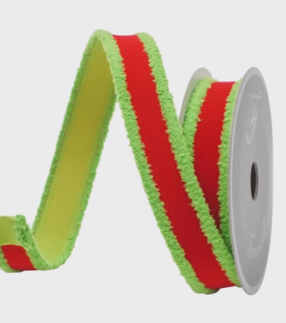 Farrisilk Red & Lime Scrooge Trim Ribbon – 1" x 10 Yards Wired, Grinch-Inspired Christmas Ribbon for Bows, Crafts, Holiday Decor, Tree Decor