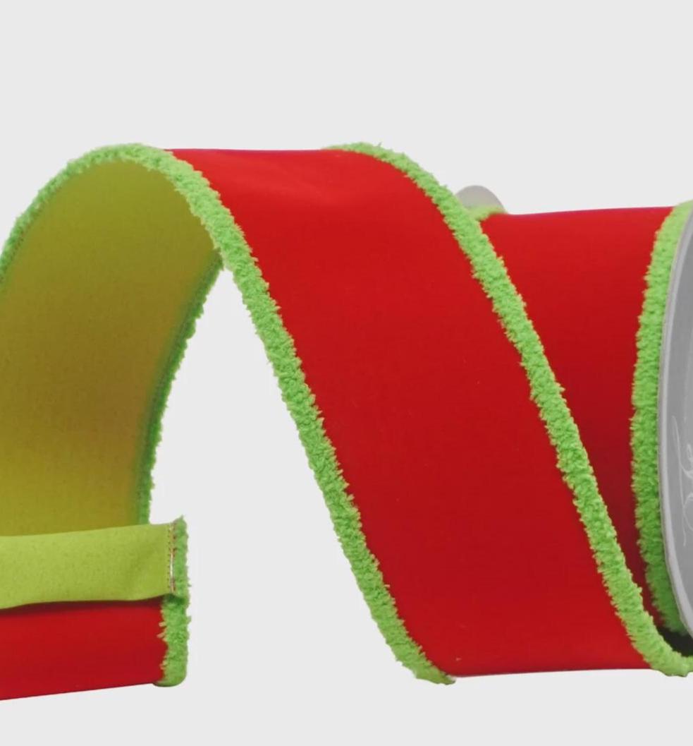 Farrisilk Red & Lime Scrooge Trim Ribbon 2.5" x 10 Yards Wired, Grinch-Inspired Christmas Ribbon for Bows, Crafts, Holiday Decor, Tree Decor