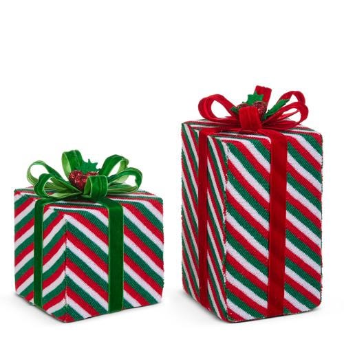 6" Red and Green Striped Packages - Measures 4.75"L X 4.75"W X 6"H