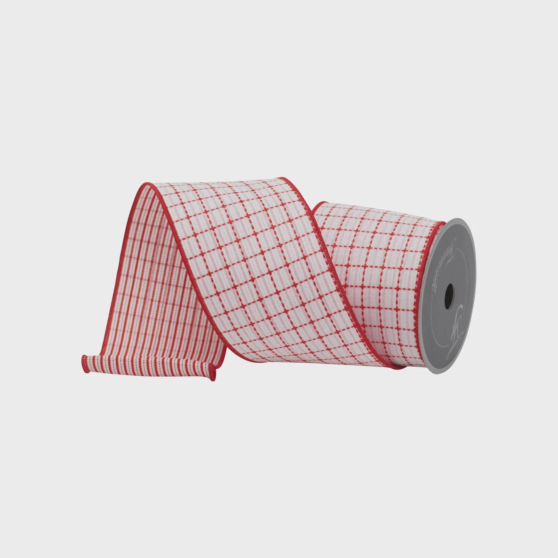 Farrisilk Red & White Peppermint Cottage Plaid Wired Ribbon 4" x 10 Yards | Farmhouse Christmas Bow, Holiday Wreath, Gift Wrap